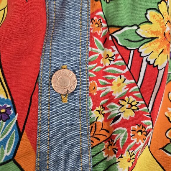 Vtg SK Wear Top Sz L Multi Mixed Print Mod Daisy Floral Denim Pockets Retro - Picture 5 of 13